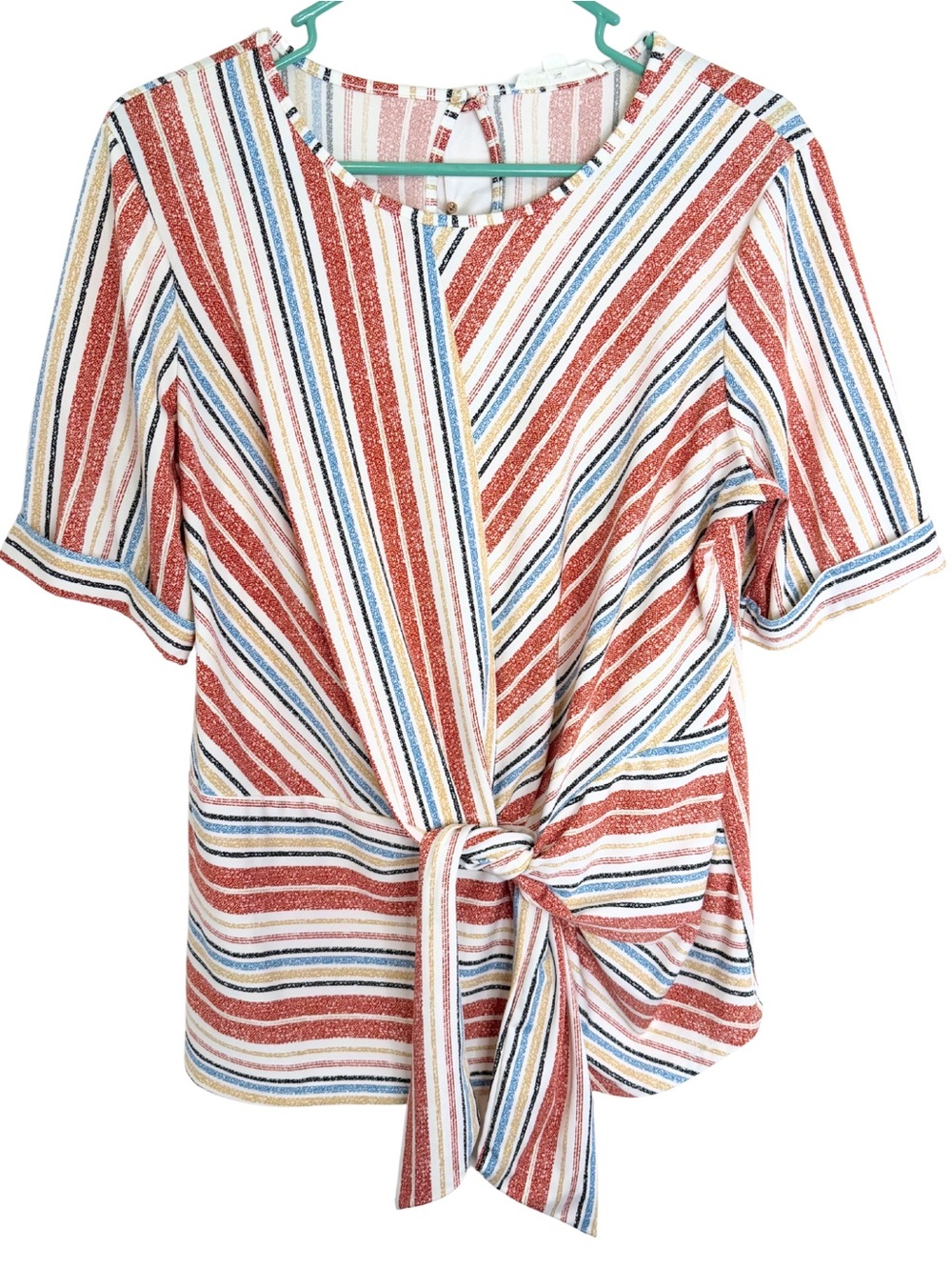 3/$20 Perseption Concept Striped Tie-Front Elbow Length Sleeve Blouse